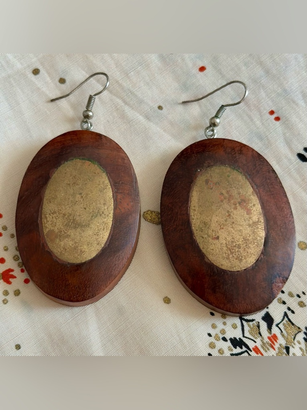Handcrafted Brown Wood and Gold Oval Drop Earrings